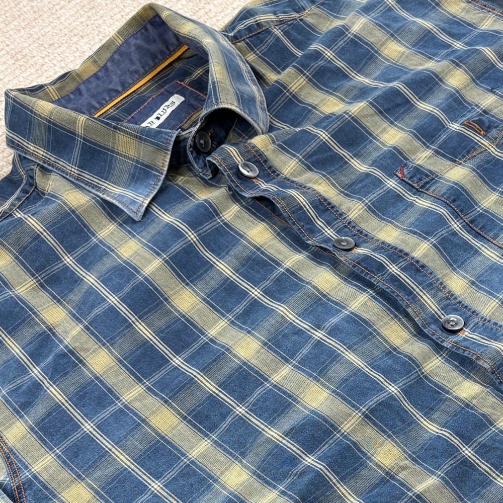 32 Bar Blues Button Down Shirt Mens L Blue Plaid Workwear Rugged